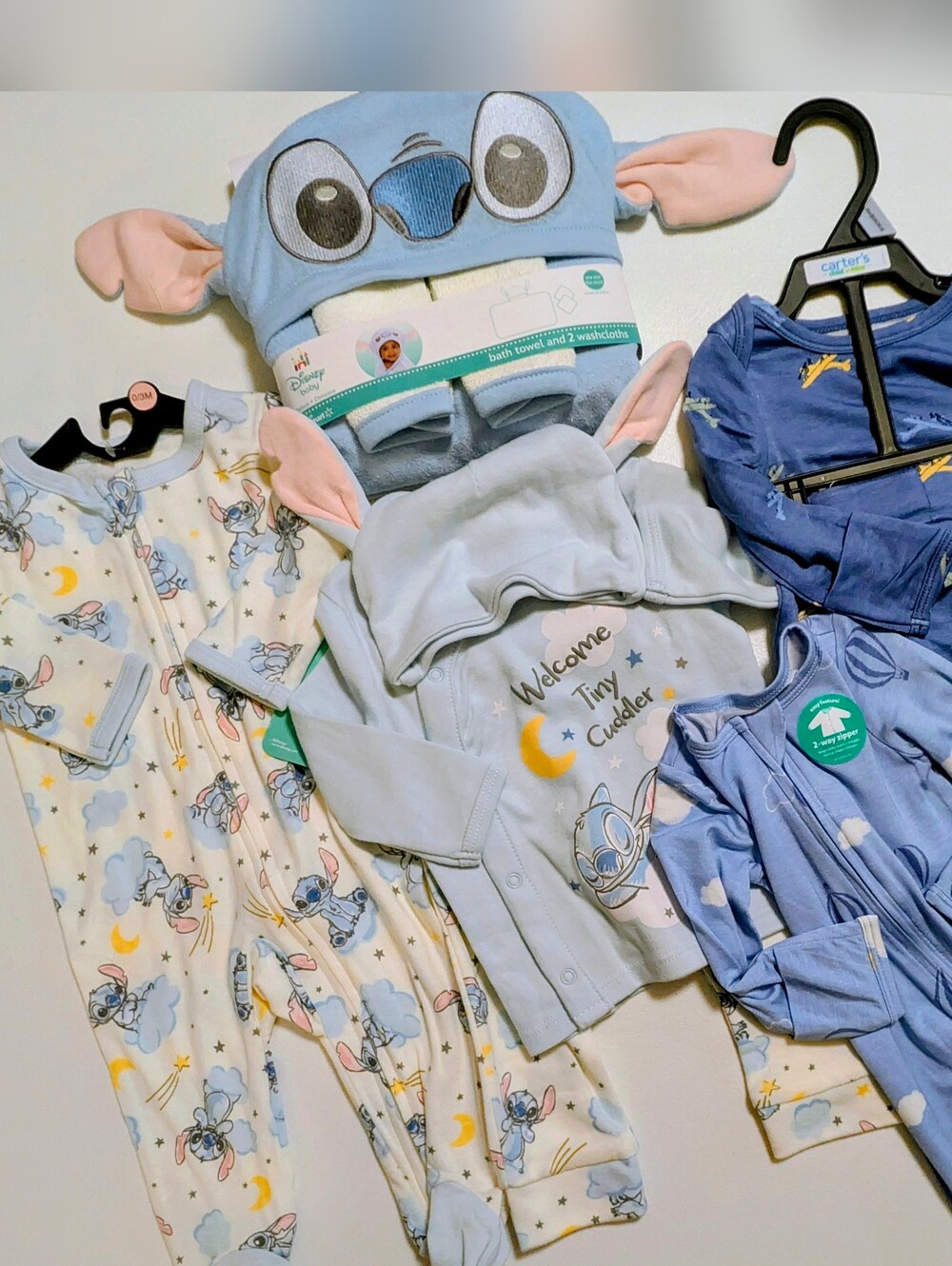 NWT Disney Baby Stitch & Carter's Boy Sleepers Bath Towel Set Bundle 0-3M